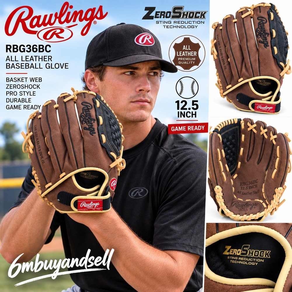 Rawlings RBG36BC 12.5 Inch Baseball Glove All Leather Basket Web ZeroShock Brown